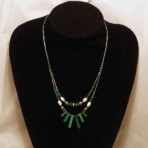 Native American Double Strand, Malachite, Silver (090)  19" Necklace